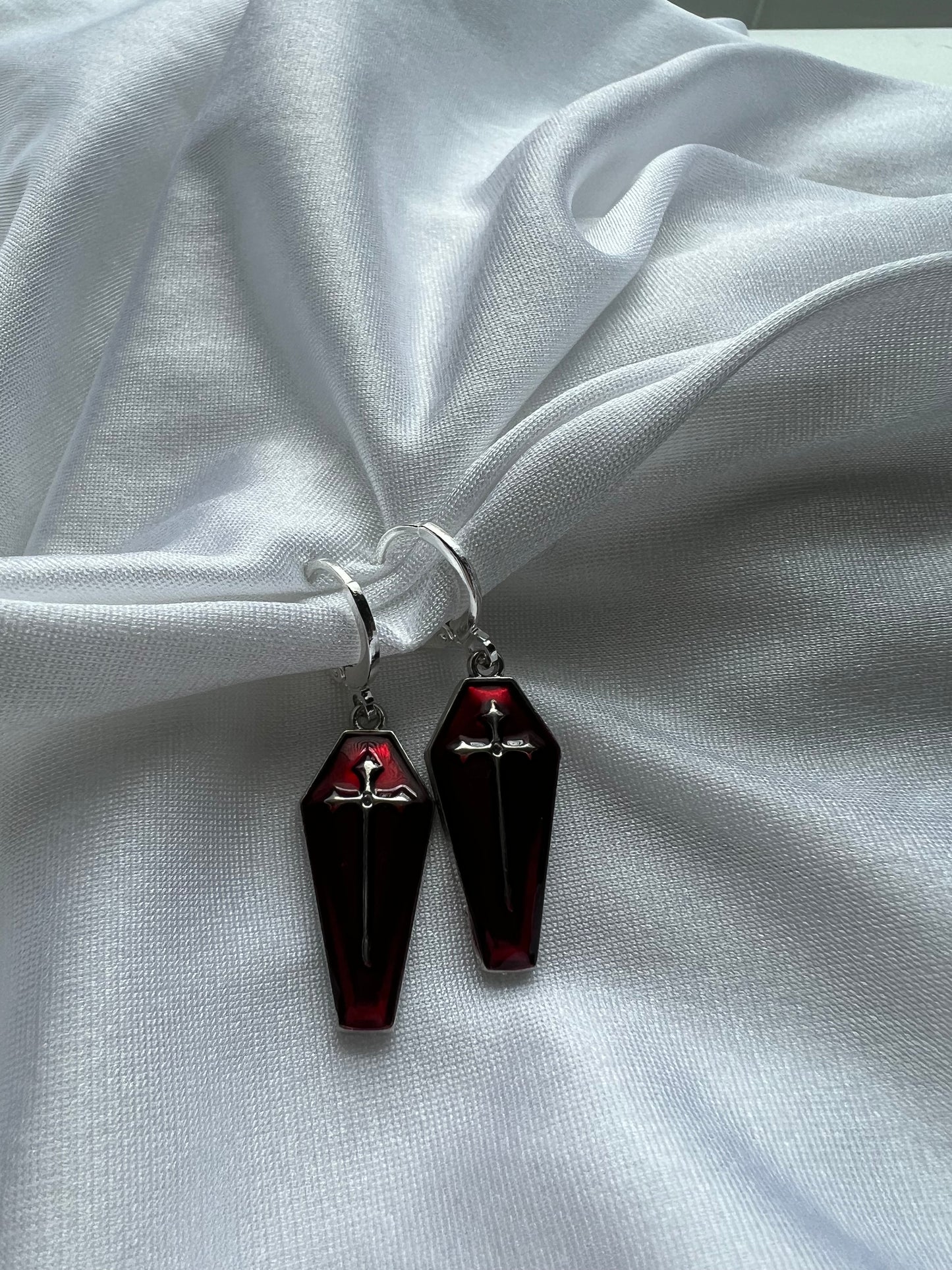 red coffin earrings
