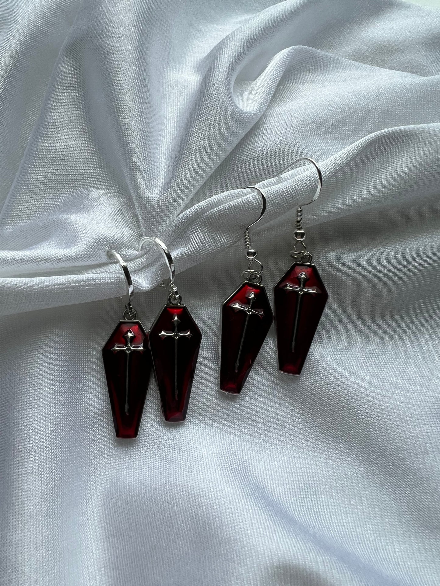 red coffin earrings