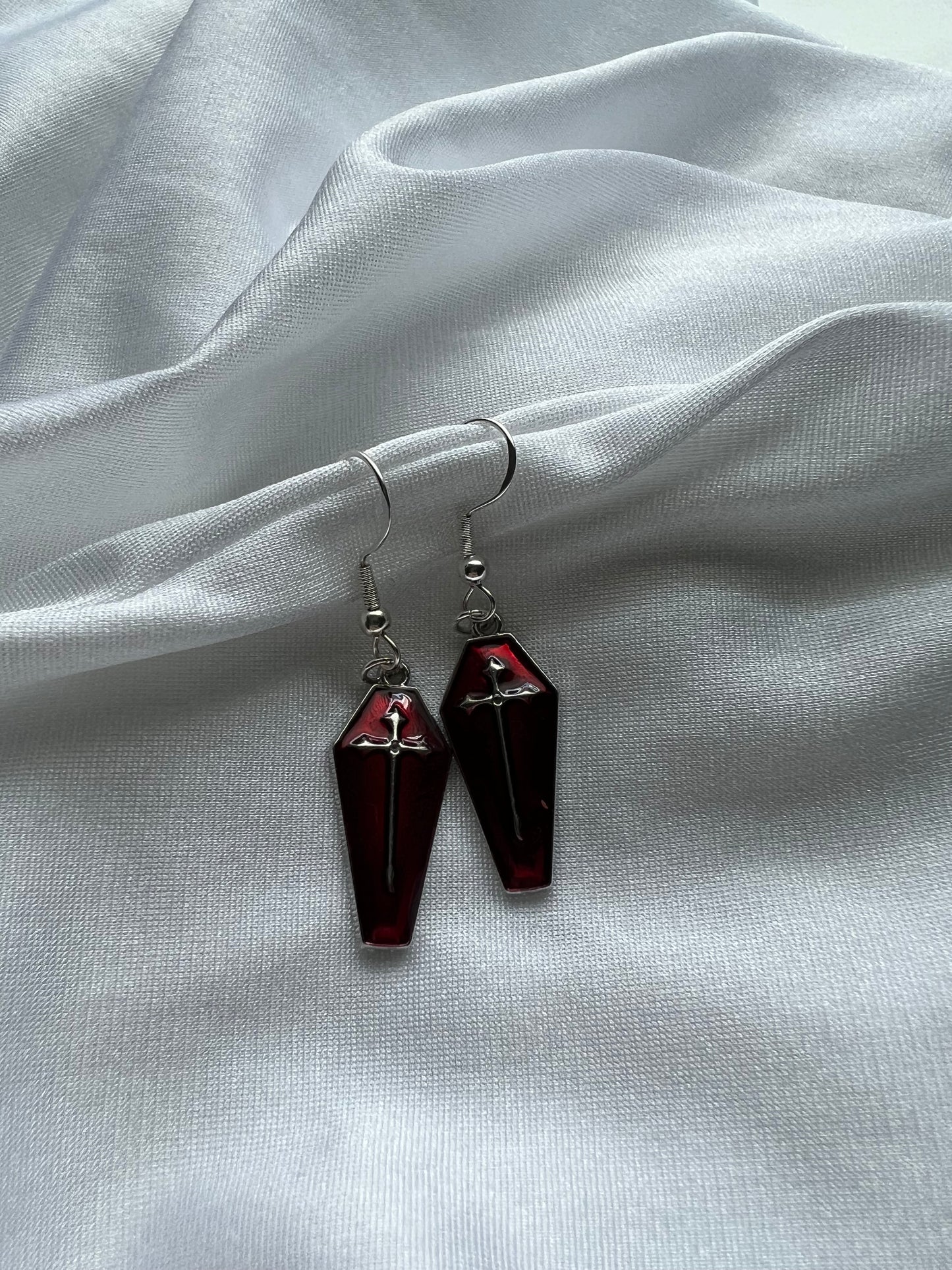 red coffin earrings
