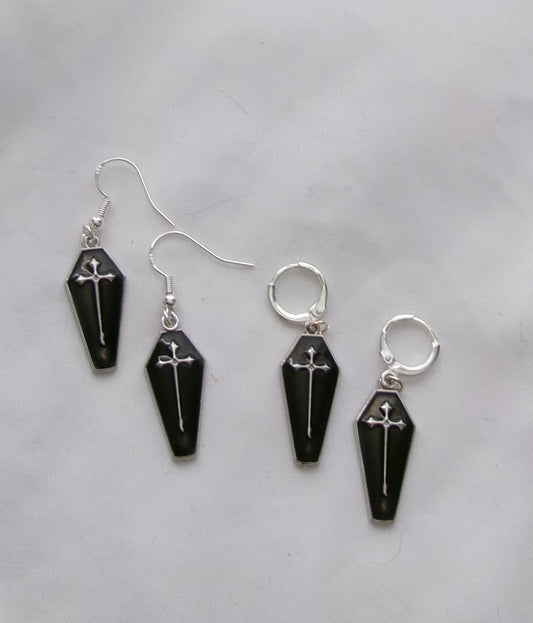 new silver black coffin earrings