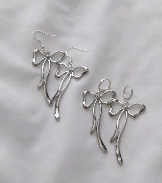new silver long bow earrings